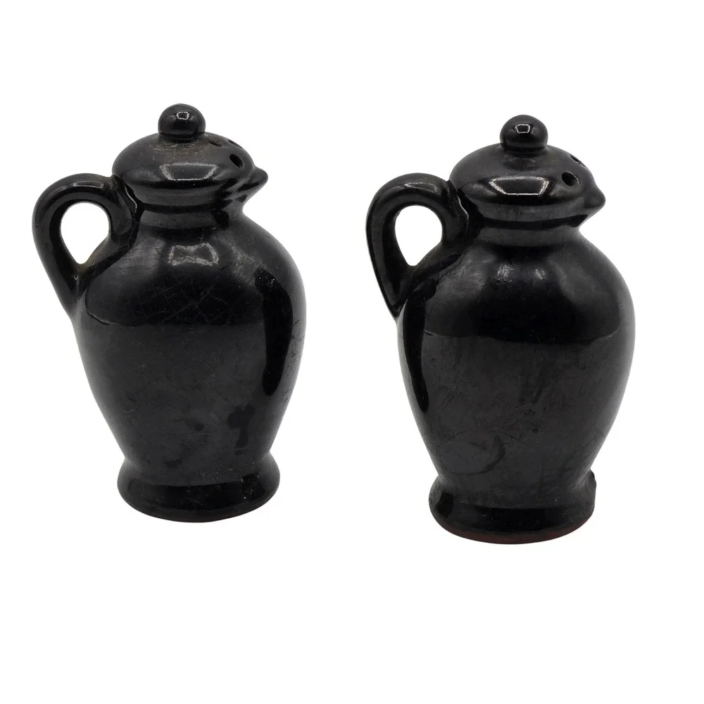 Vtg Black Glaze Ceramic Pottery Salt & Pepper Shakers Figural Jug Faces Set of 2